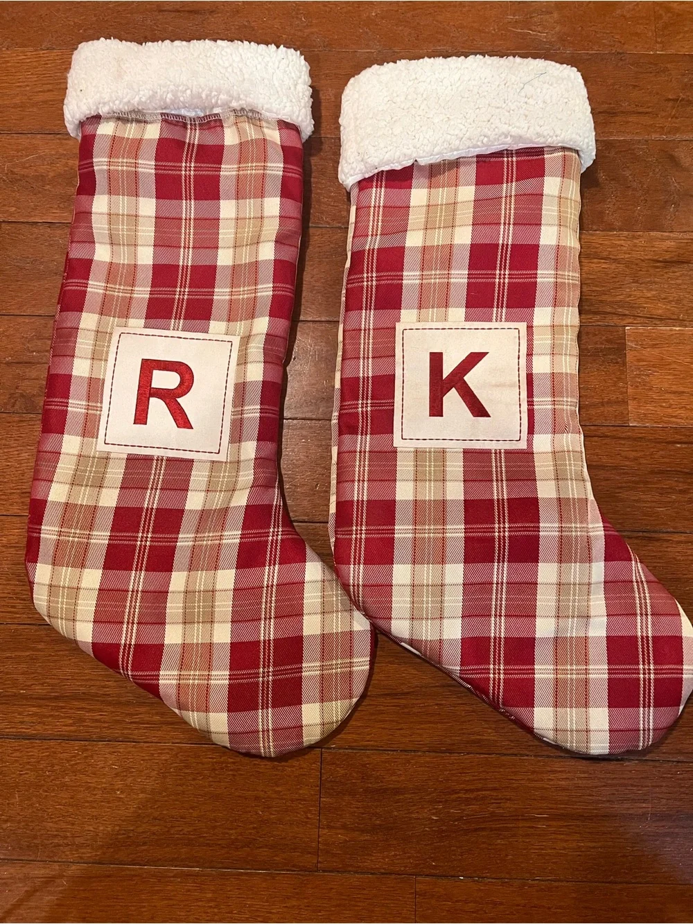 Plaid Red & Cream Monogram Christmas Stockings (Pair)
